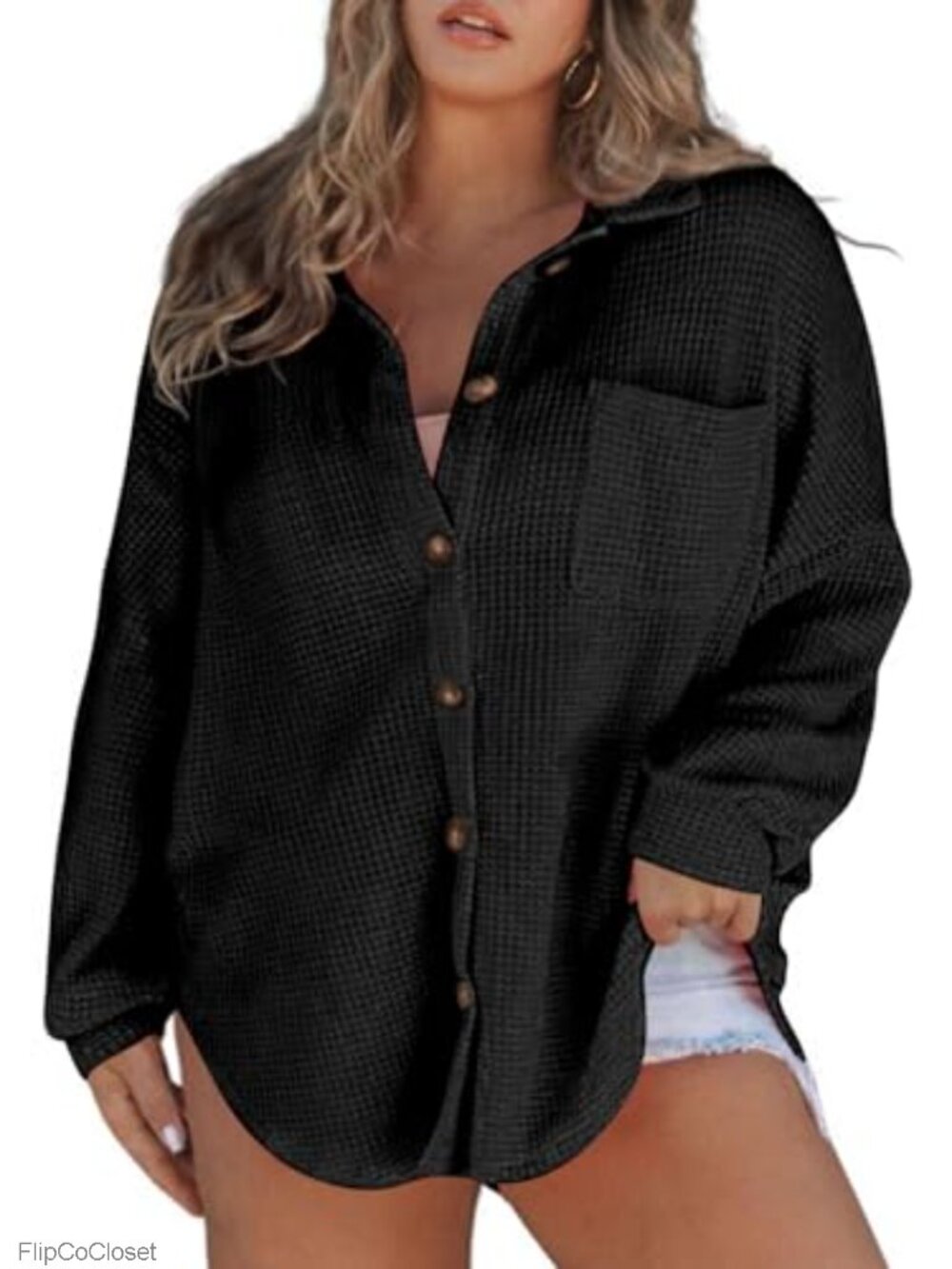 Plus Size Waffle Knit Button Down Shirt Long Sleeve Shacket